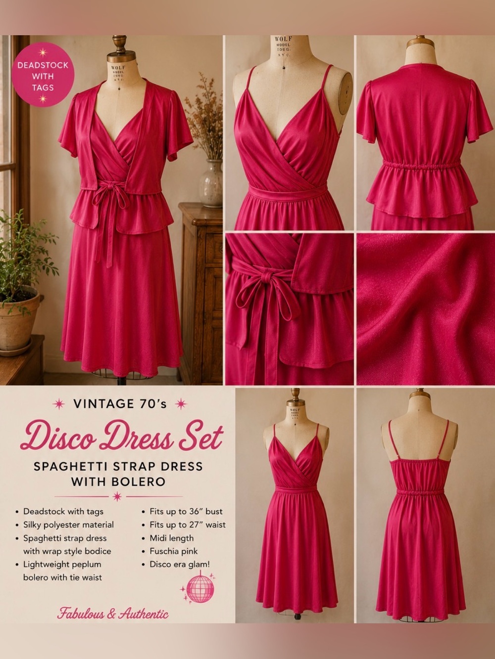 *Vintage 70's fuschia pink / Disco Dress Set / spaghetti strap dress with bolero
